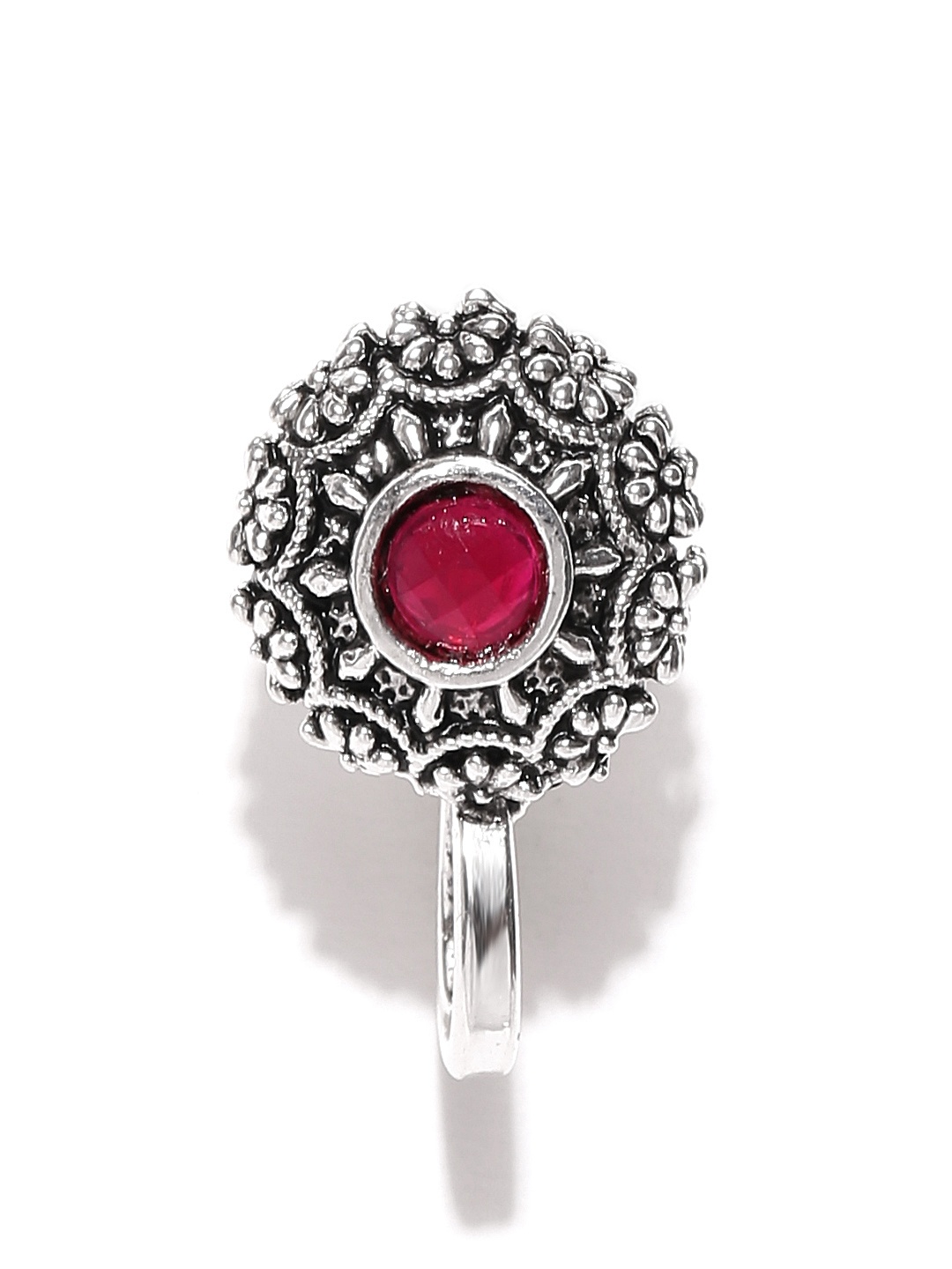 

Zaveri Pearls Red Silver-Plated Textured Stone-Studded Nosepin