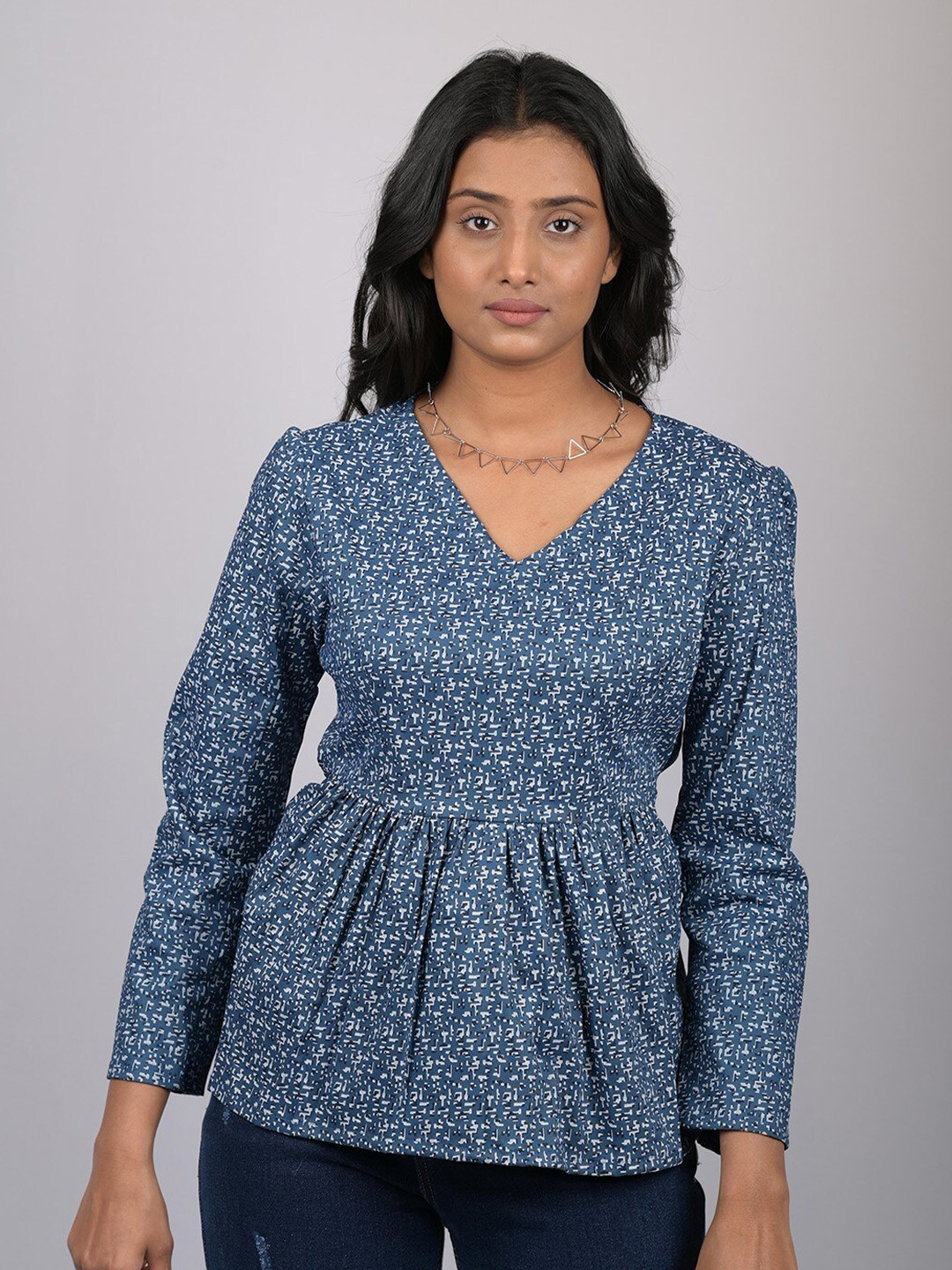 

OWO THE LABEL Abstract Printed Cinched Waist Top, Blue