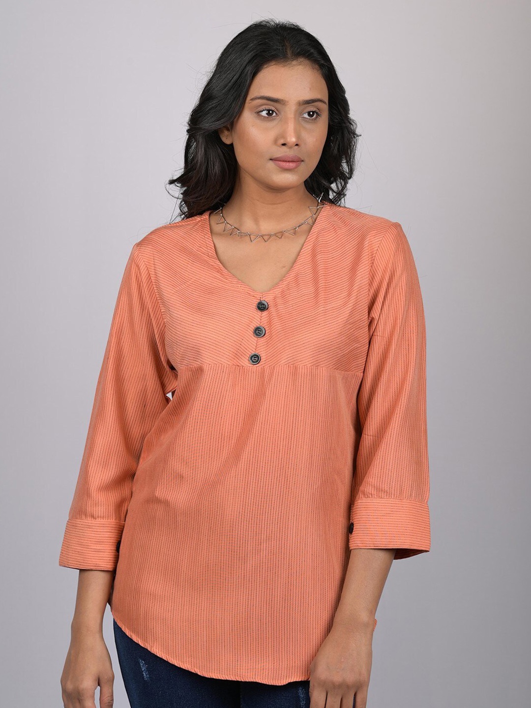 

OWO THE LABEL Striped V-Neck Cuffed Sleeves Top, Orange