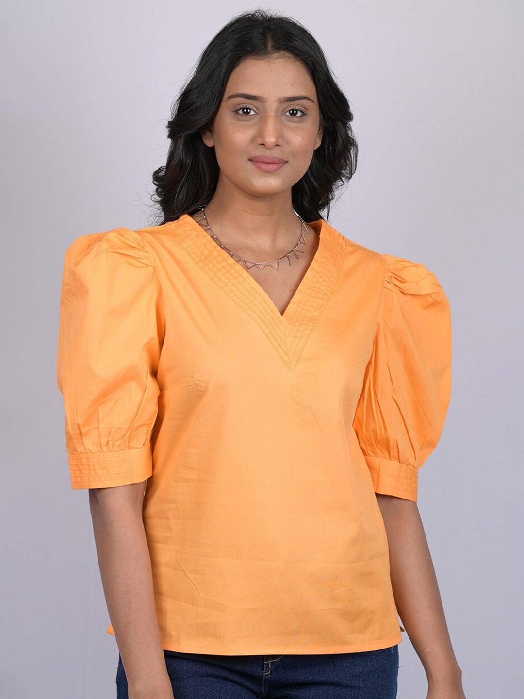 

OWO THE LABEL V-Neck Puff Sleeves Top, Orange