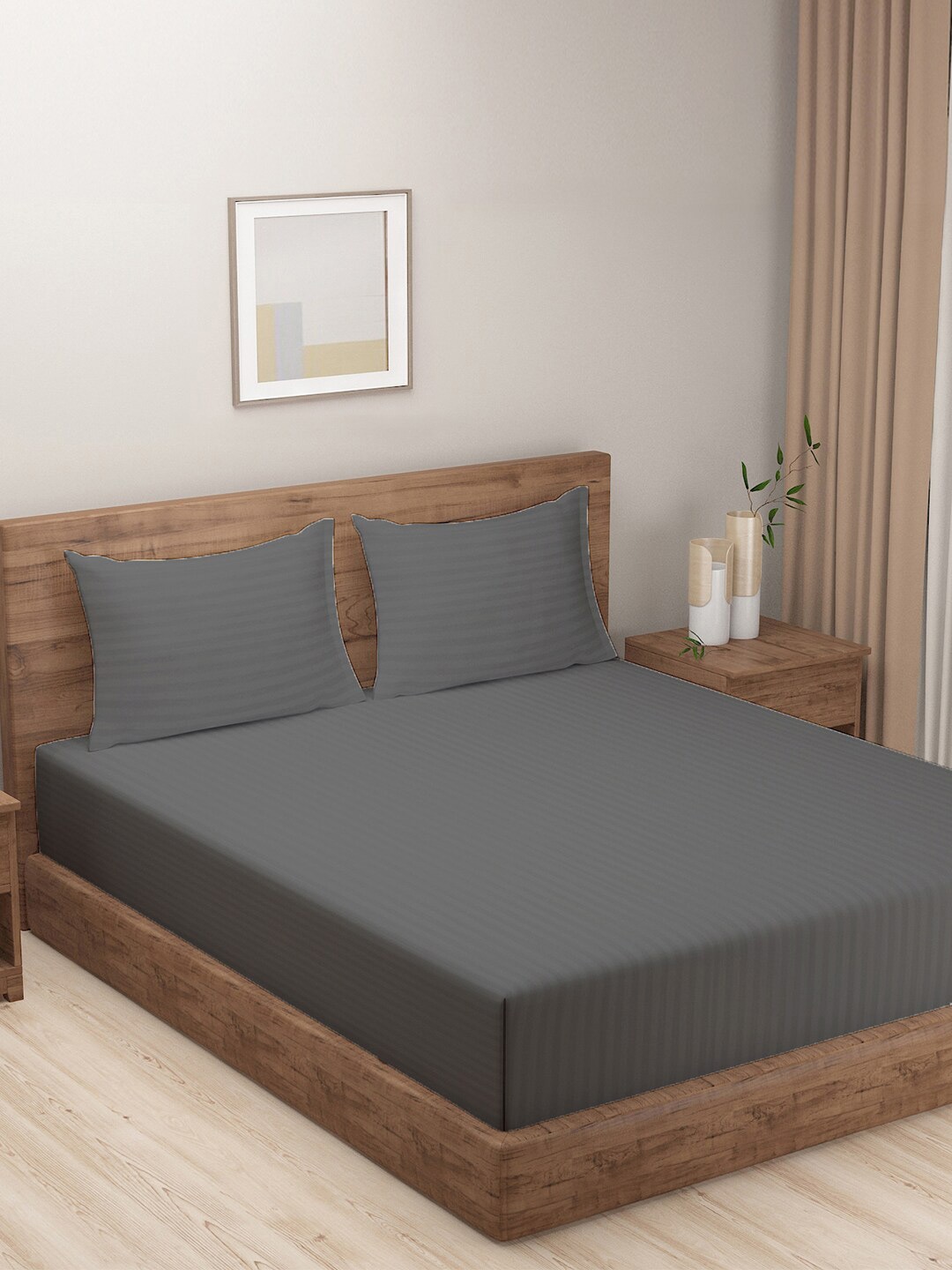

SWAYAM Essentials Grey Striped 144 TC Flat Queen Bedsheet With 2 Pillow Covers