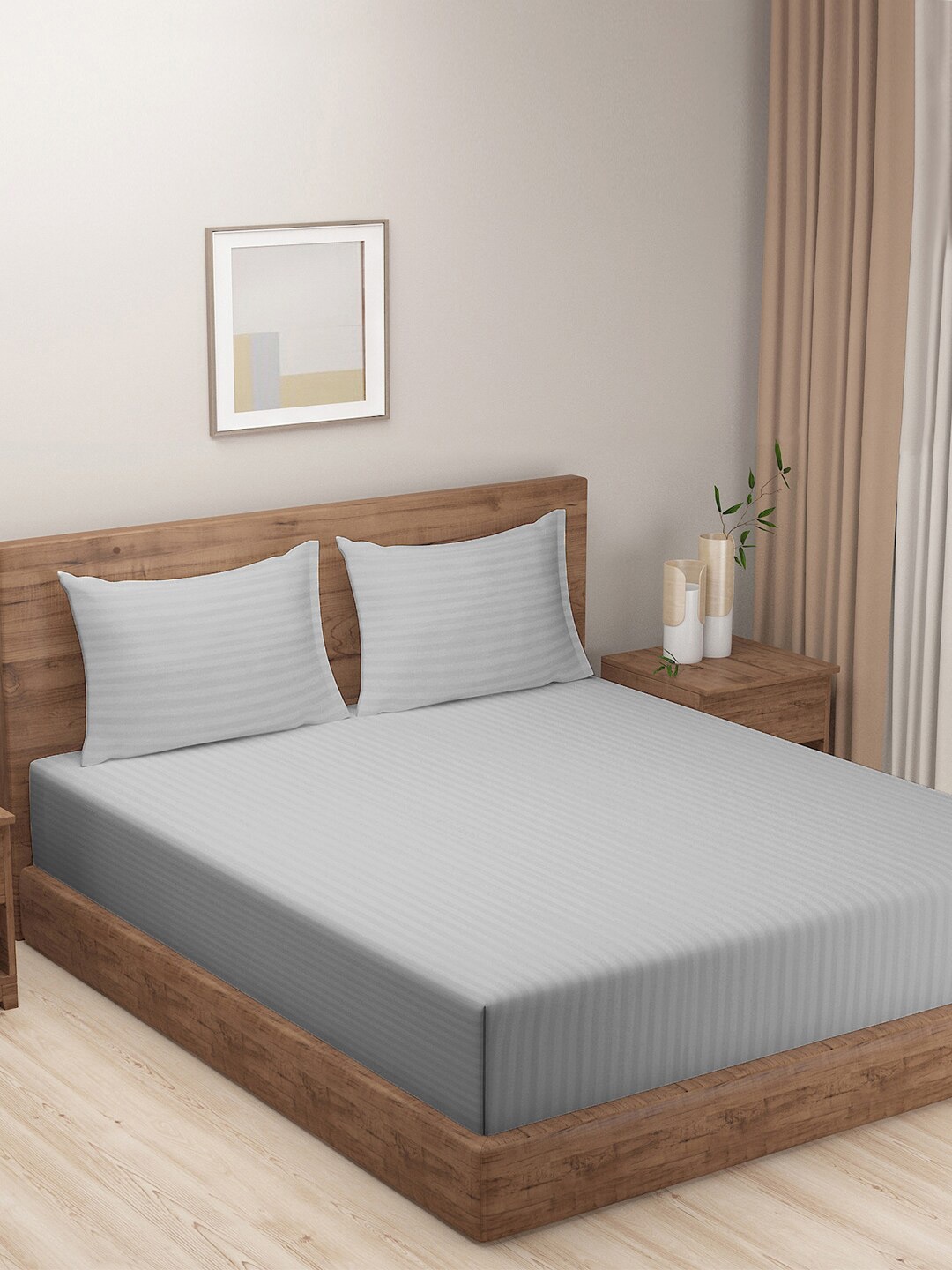 

SWAYAM Essentials Grey Striped 210 TC Flat Queen Bedsheet With 2 Pillow Covers