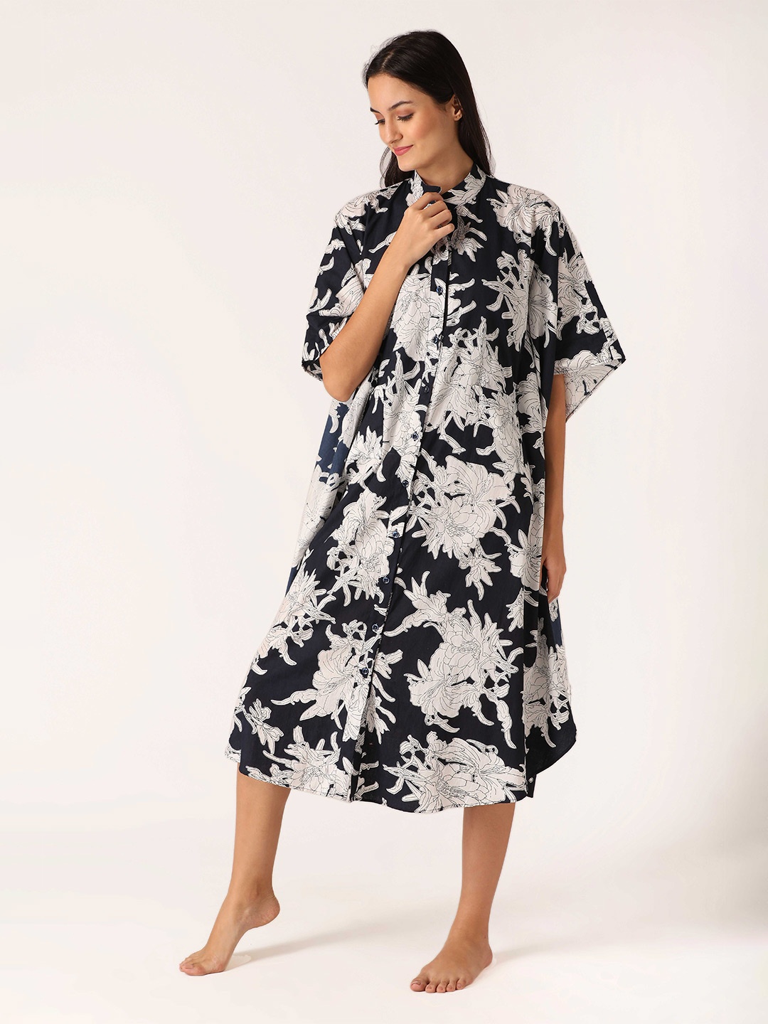 

MABISH by Sonal Jain Floral Printed Pure Cotton Nightdress, Navy blue