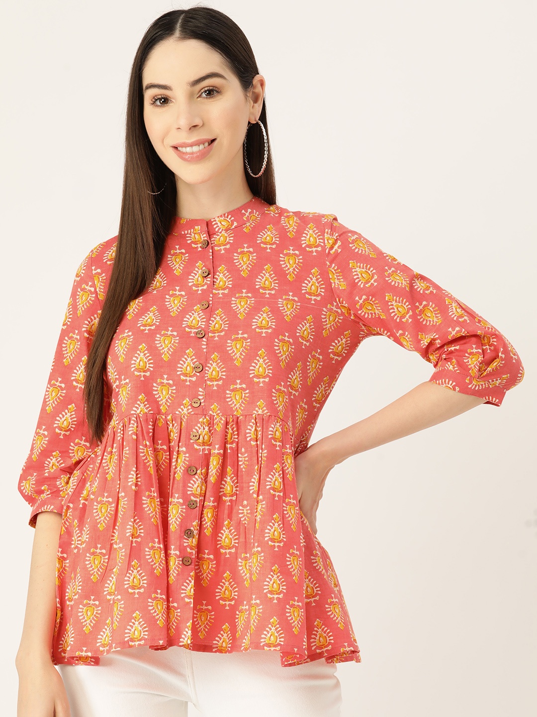

Maaesa Printed Mandarin Collar Peplum Top, Orange