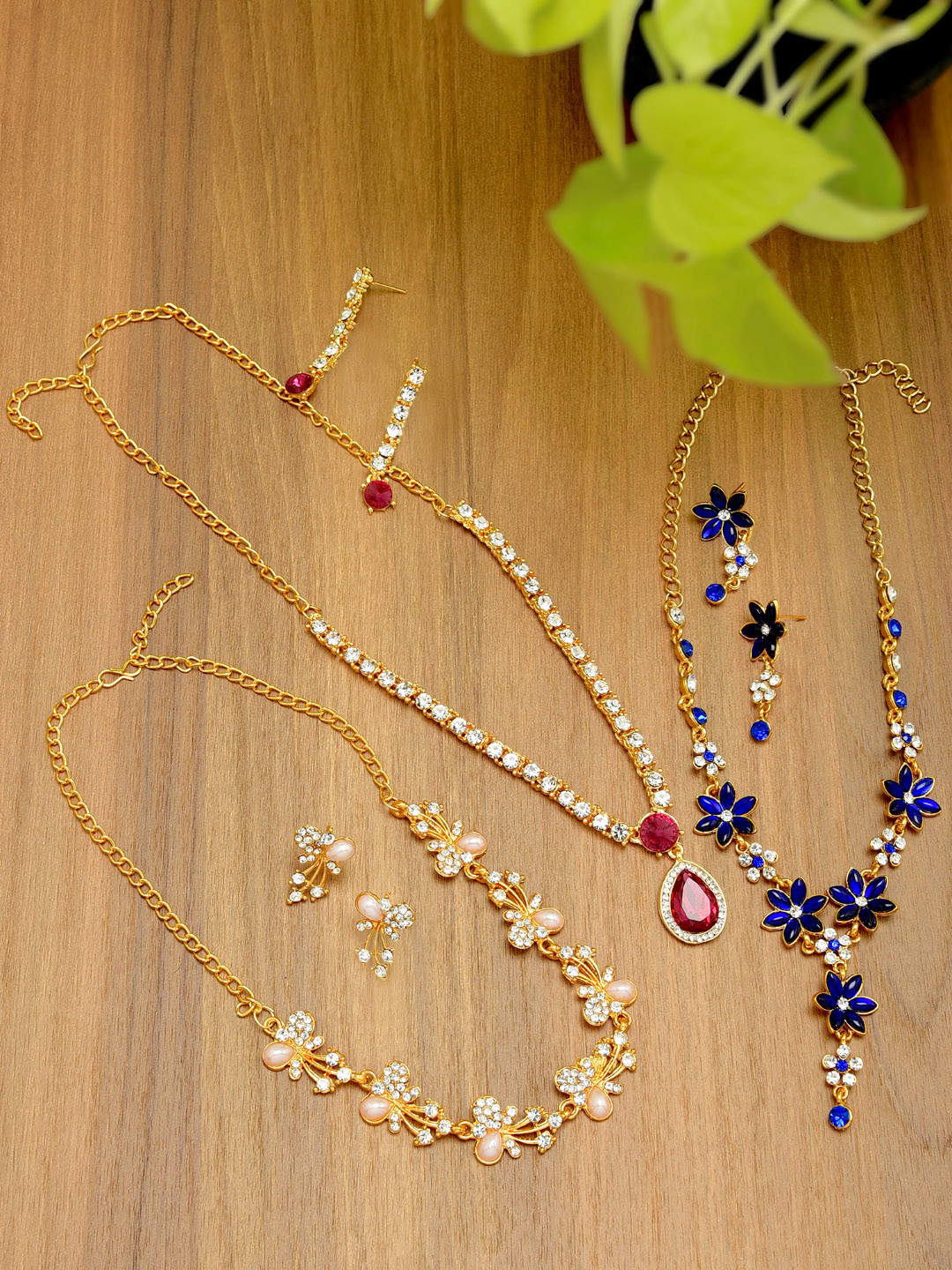 

Zaveri Pearls Set of 3 Gold-Toned Austrian Diamond-Studded Jewellery Sets