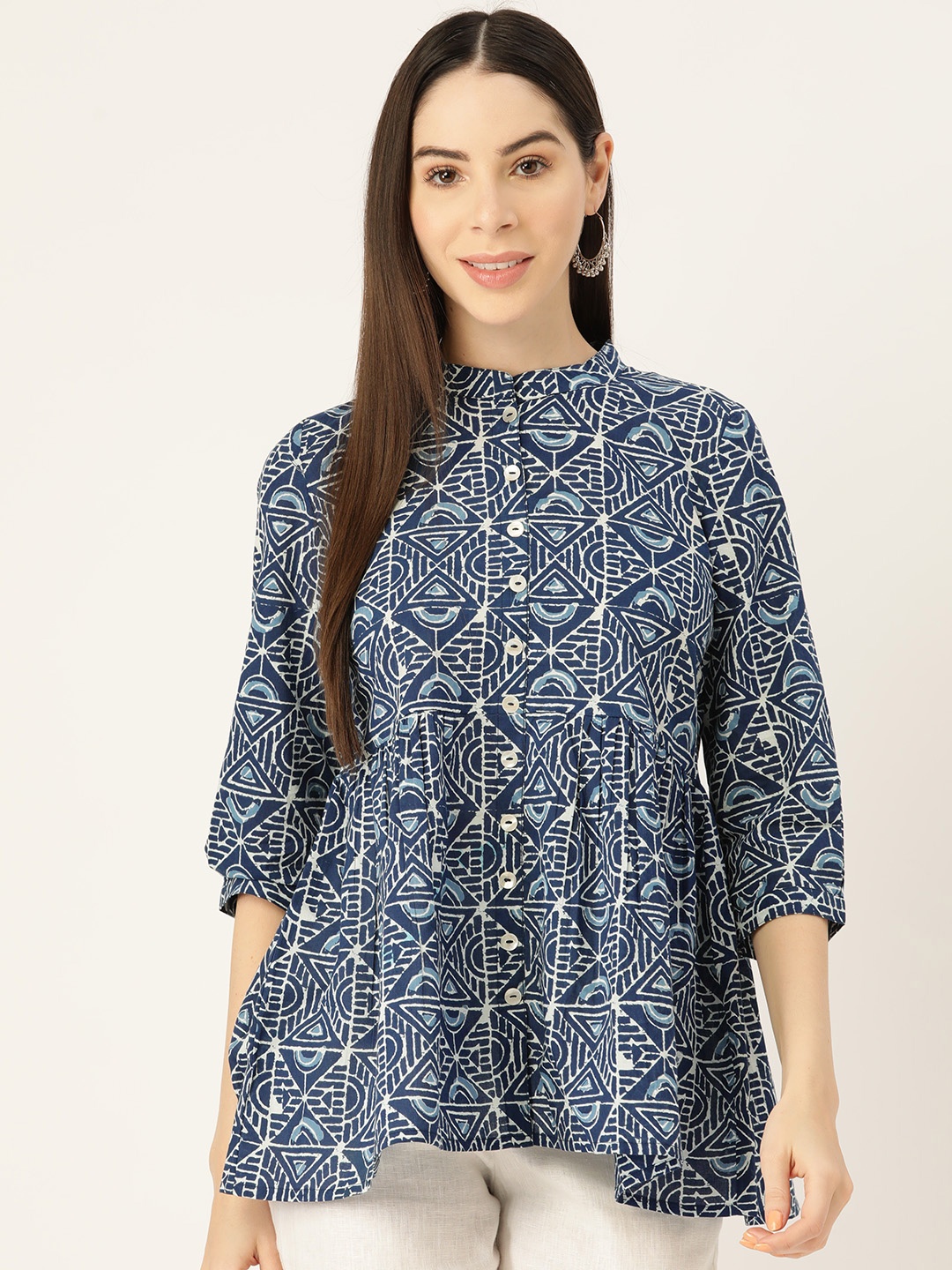 

Maaesa Geometric Print Mandarin Collar A-Line Top, Blue