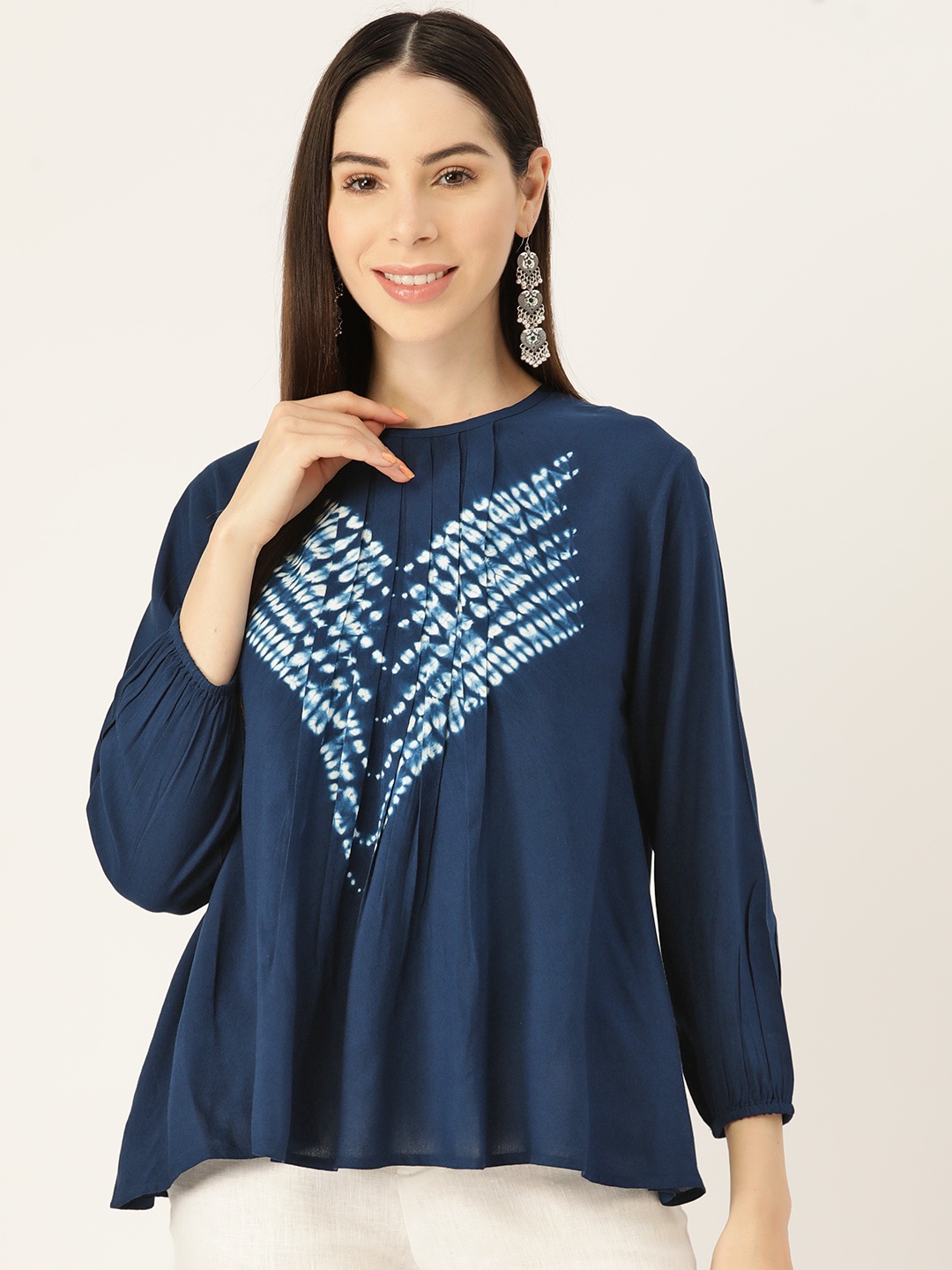 

Maaesa Tie & Dye Pleated A-Line Top, Blue