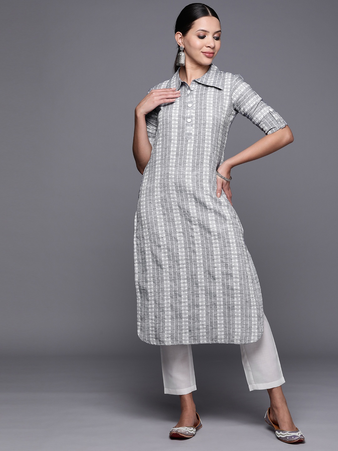 

MASSTANI BY INDDUS Women Striped Kurta With Trousers, Grey