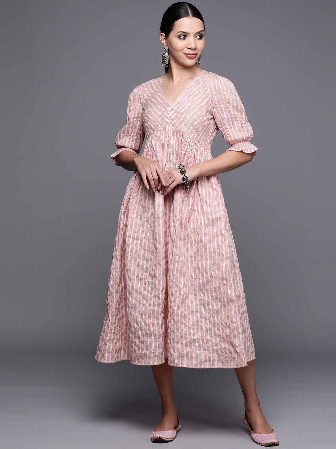 

MASSTANI BY INDDUS Striped Puff Sleeves Midi Ethnic Dress, Pink