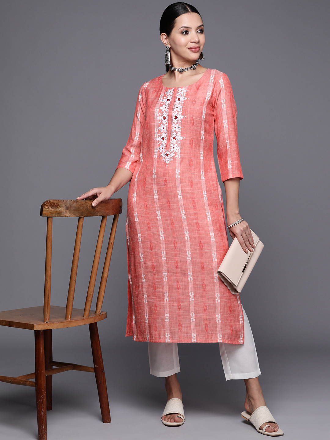 

MASSTANI BY INDDUS Women Yoke Design Sequinned Kurta With Trousers, Coral