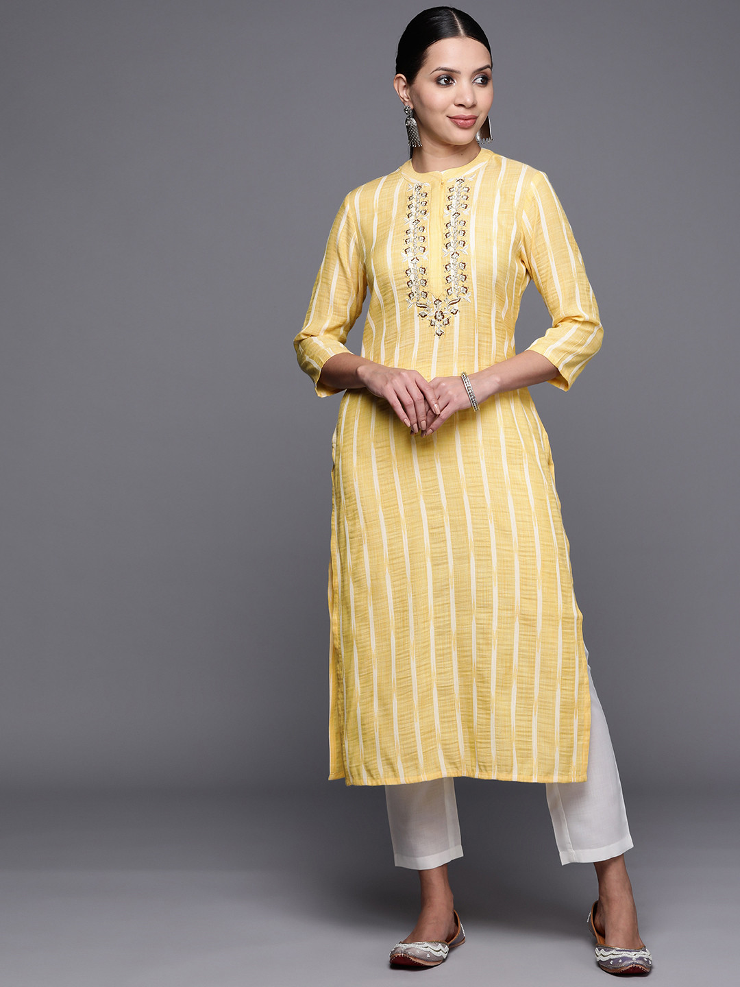 

MASSTANI BY INDDUS Women Yoke Design Thread Work Kurta With Trousers, Yellow