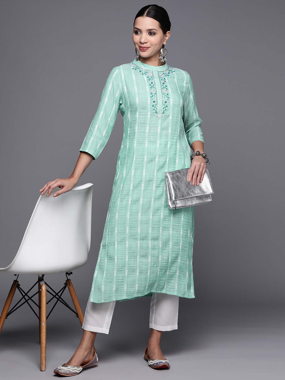 

MASSTANI BY INDDUS Women Yoke Design Thread Work Kurta With Trousers, Sea green