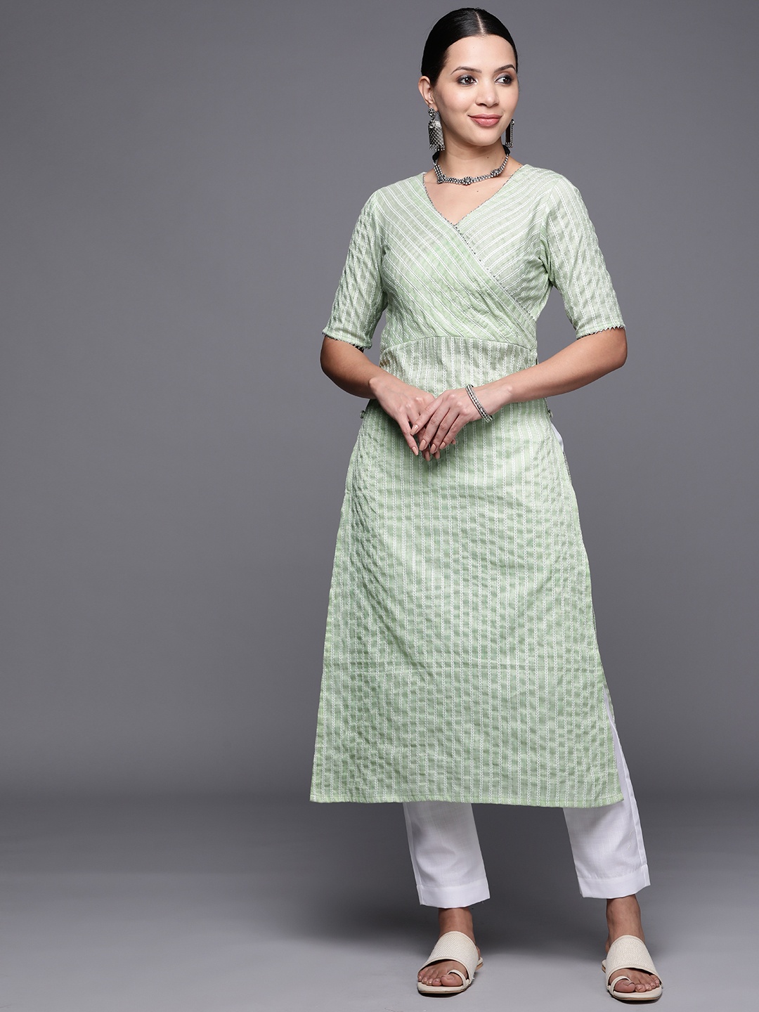 

MASSTANI BY INDDUS Women Striped Gotta Patti Kurta With Trousers, Green