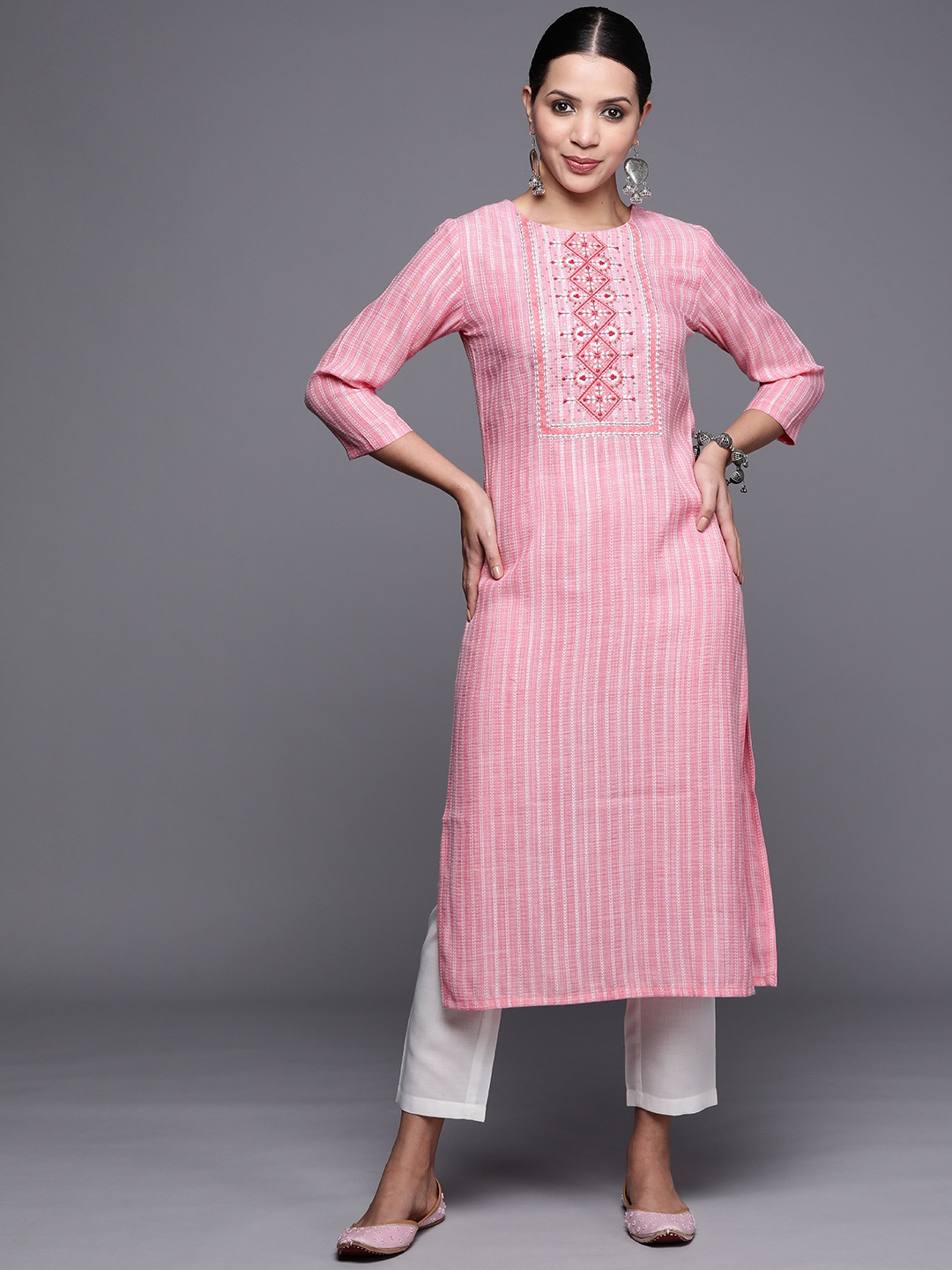 

MASSTANI BY INDDUS Women Yoke Design Thread Work Kurta With Trousers, Pink