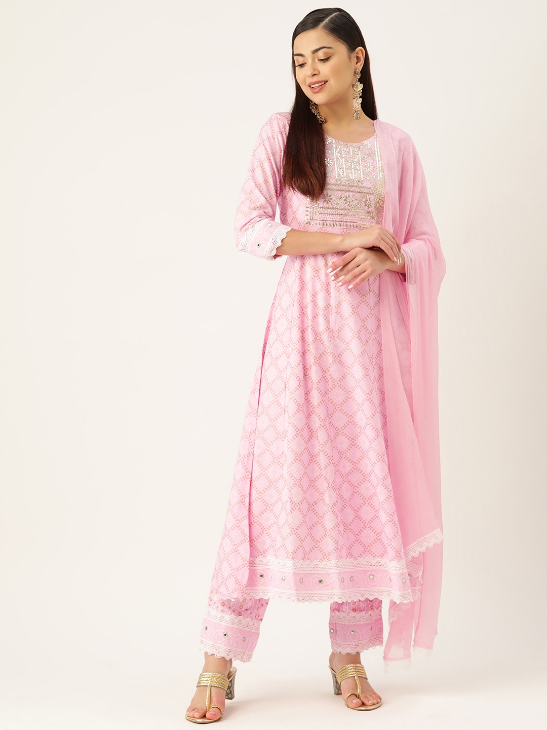 

Maaesa Floral Embroidered Sequinned Kurta with Trousers & Dupatta, Pink