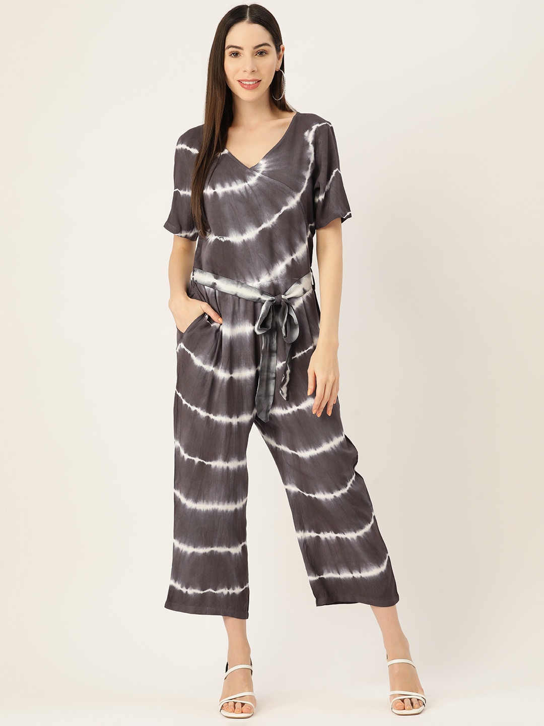 

Maaesa Striped Tie & Dye Waist Tie-Ups Basic Jumpsuit, Black