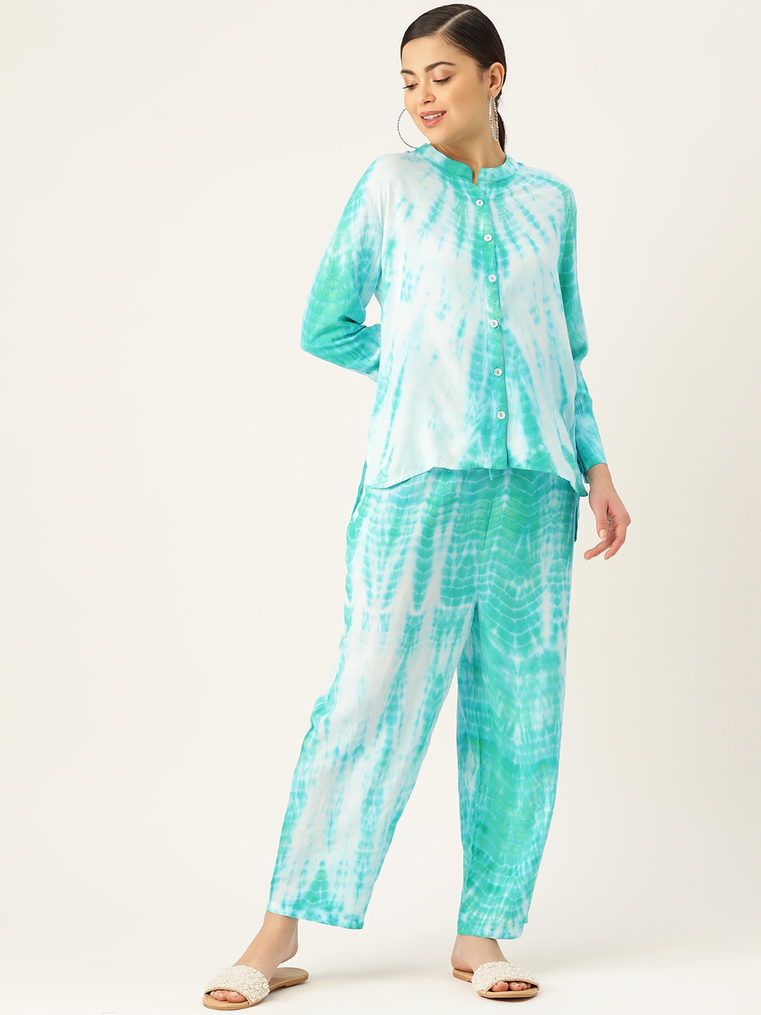 

Maaesa Tie & Dye Mandarin Collar Shirt With Palazzos, Off white