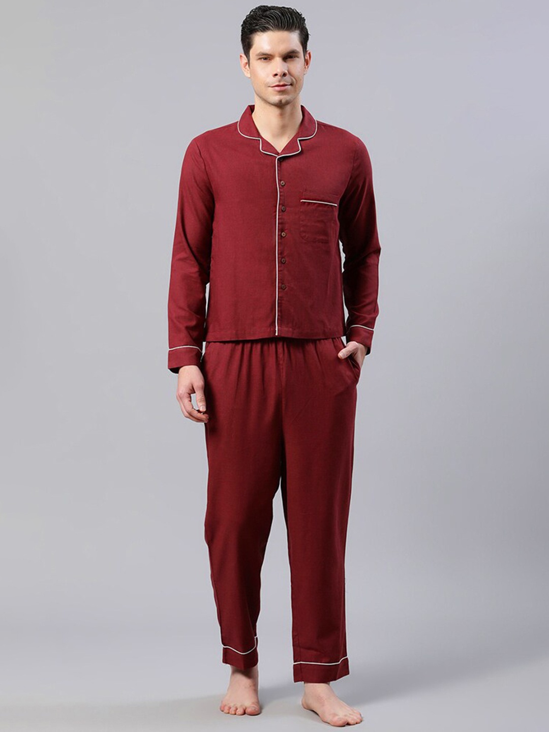 

HOUSE OF S Men Lapel Collar Night Suit, Maroon