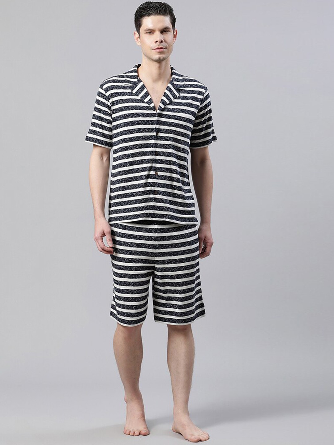 

HOUSE OF S Men Striped Night Suit, Black
