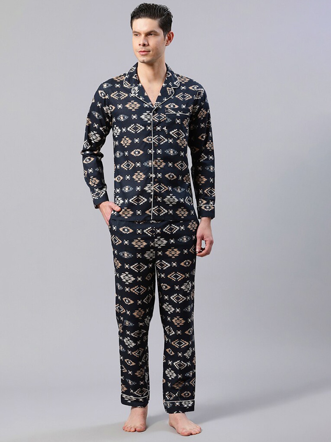 

HOUSE OF S Men Ethnic Motifs Printed Night Suit, Navy blue