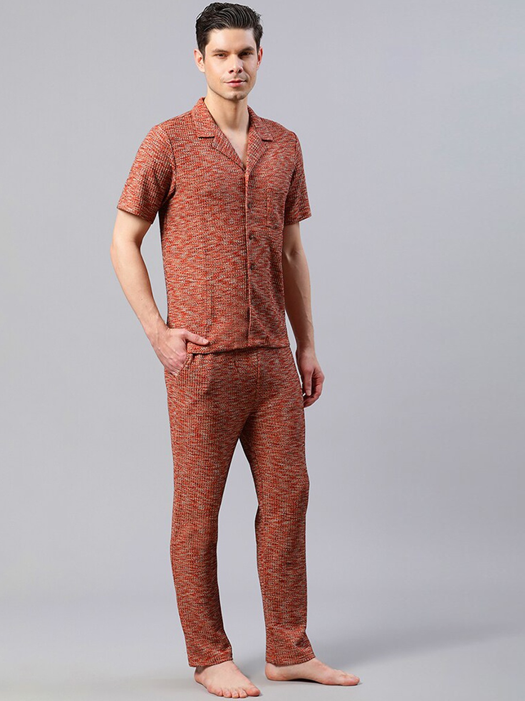 

HOUSE OF S Men Abstract Printed Night Suit, Orange