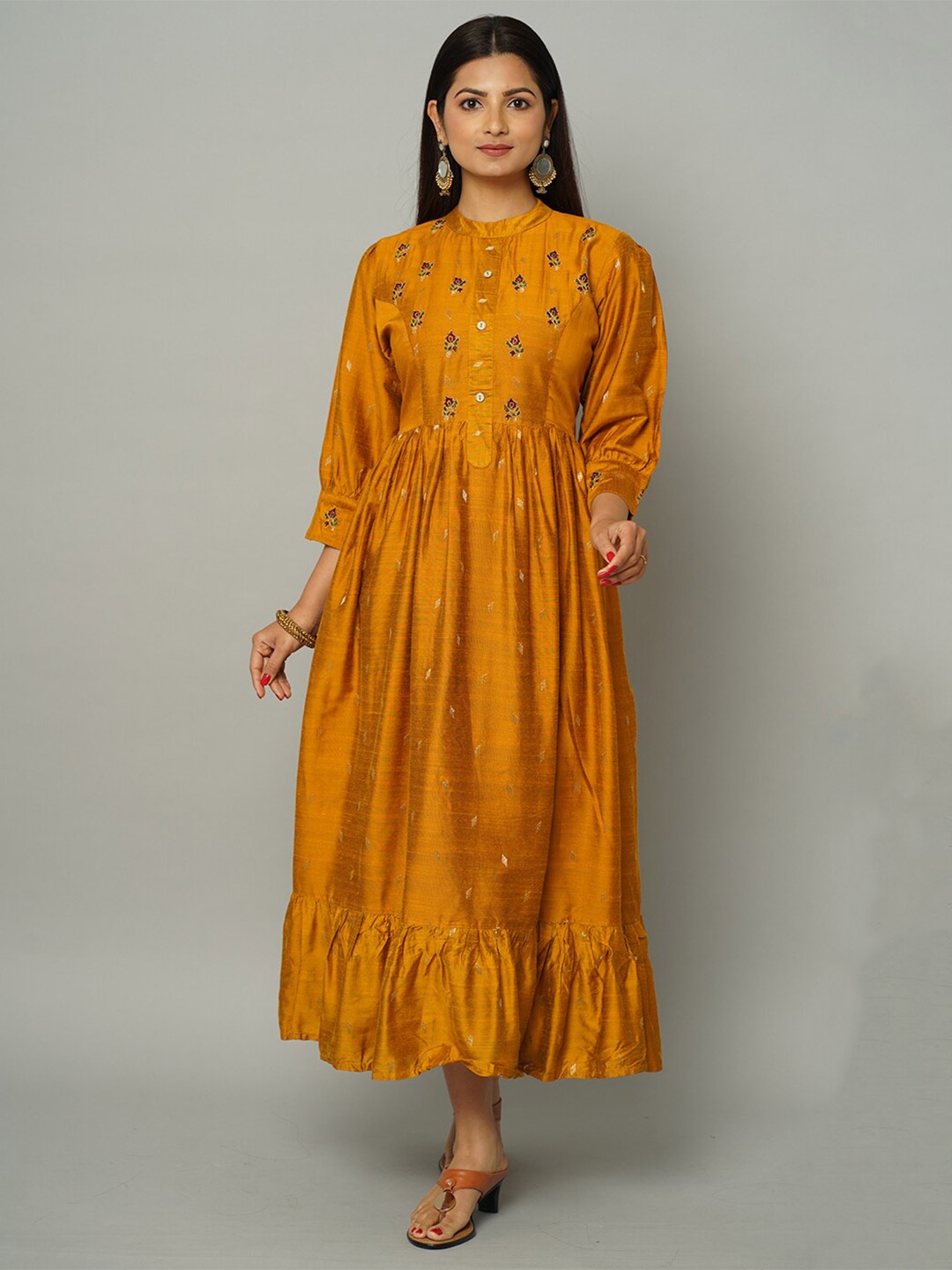 

NAYRA Ethnic Motifs Printed A-Line Silk Midi Ethnic Dress, Mustard