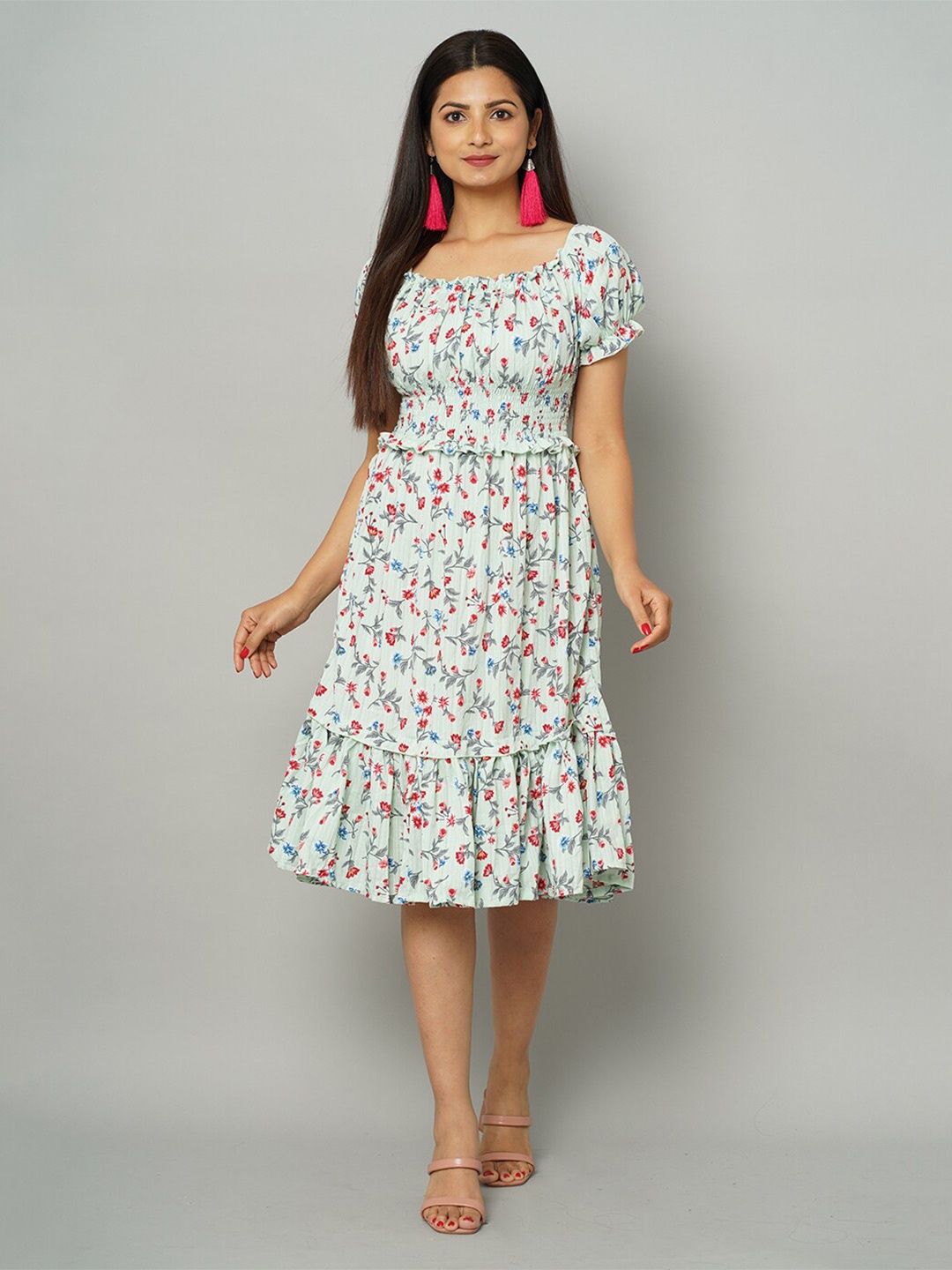

NAYRA Floral Printed Smocked Georgette Dress, Blue