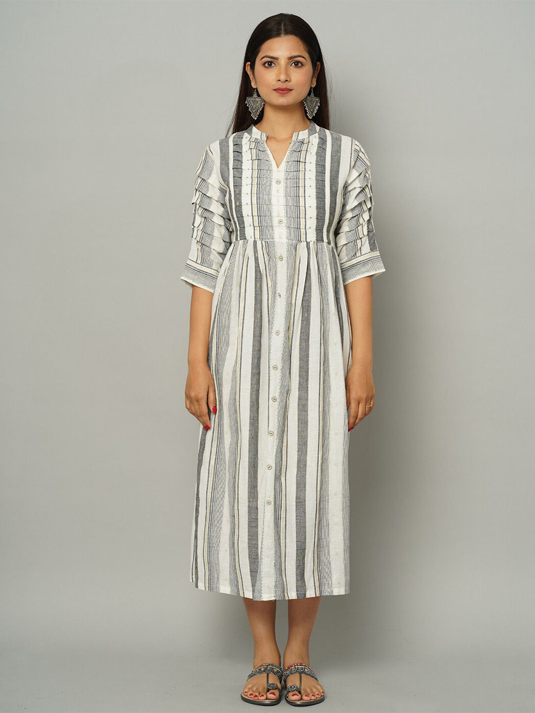 

NAYRA Striped Cotton Midi Length Shirt Dress, Grey