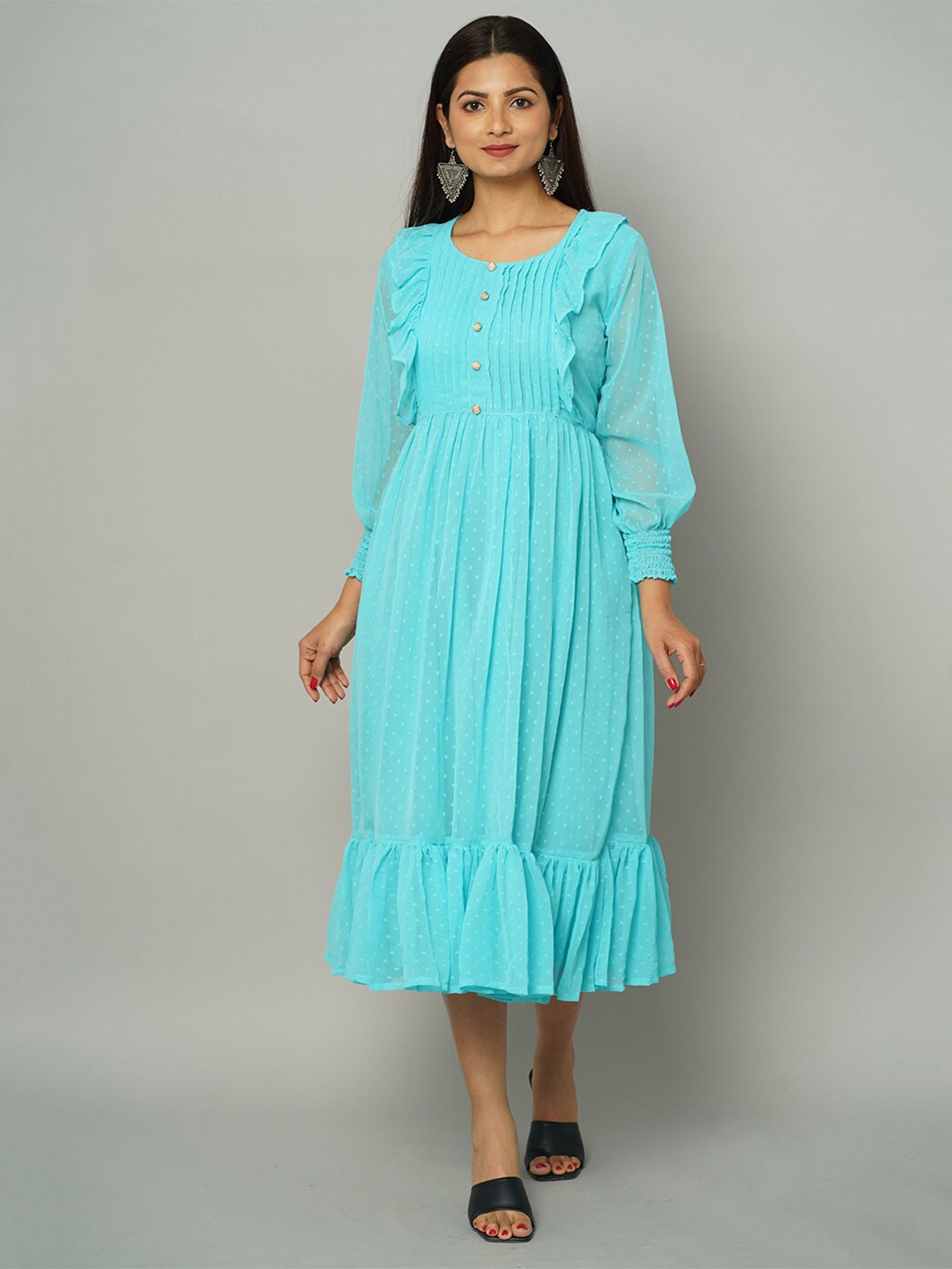 

NAYRA Cuffed Sleeves With Ruffled Georgette A-Line Midi Dress, Turquoise blue