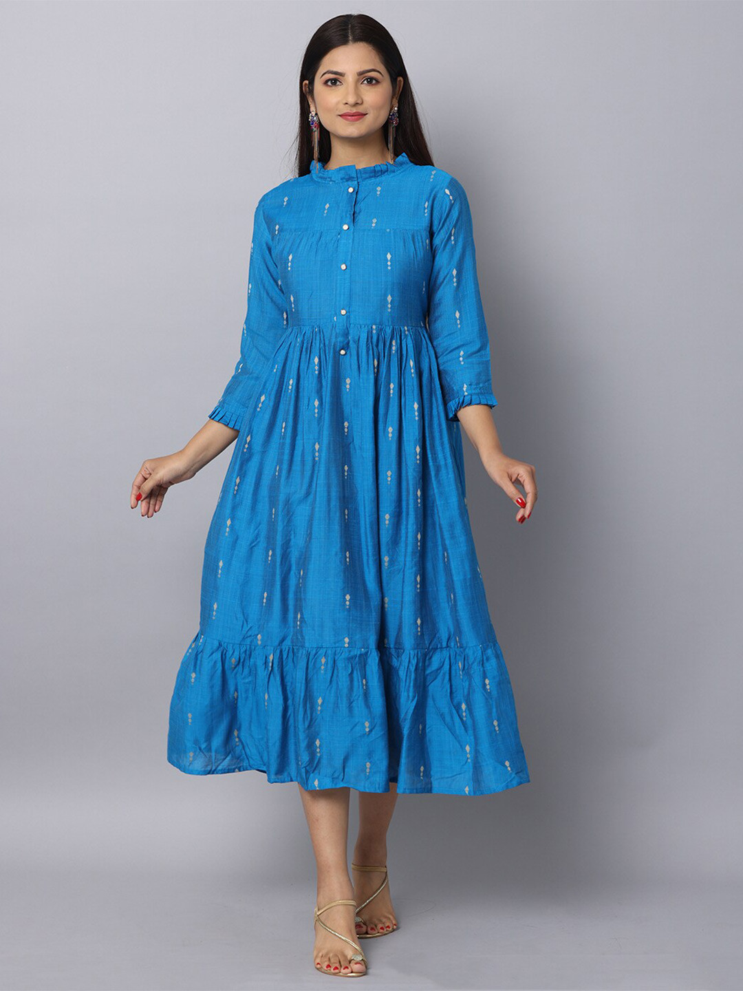 

NAYRA Ethnic Motifs Tiered Silk Midi Dress, Blue