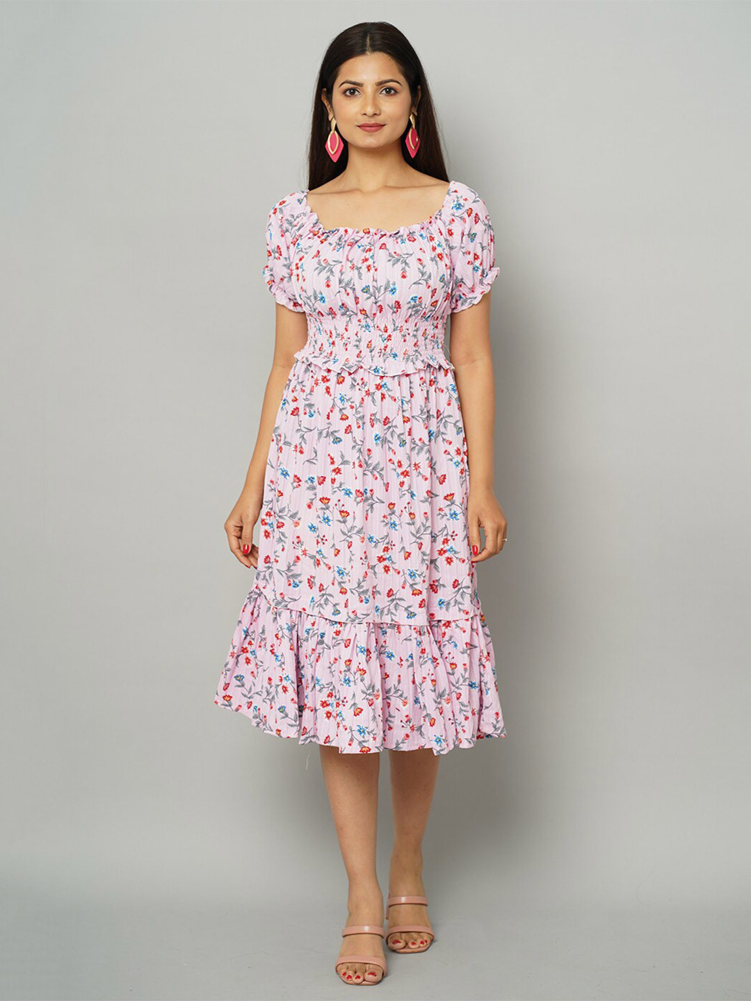 

NAYRA Floral Smocked Georgette Midi Dress, Pink