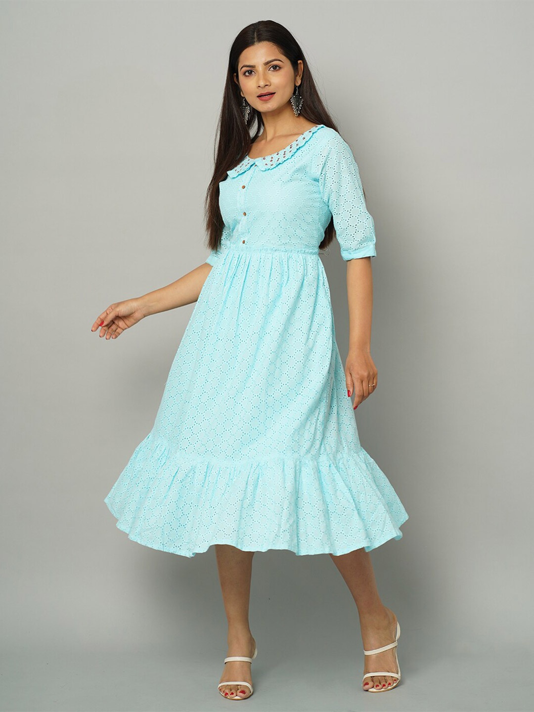 

NAYRA Cotton Peter Pan Collar Midi Dress, Turquoise blue