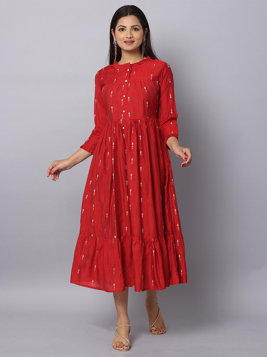 

NAYRA Ethnic Motifs Printed Silk Midi Dress, Red