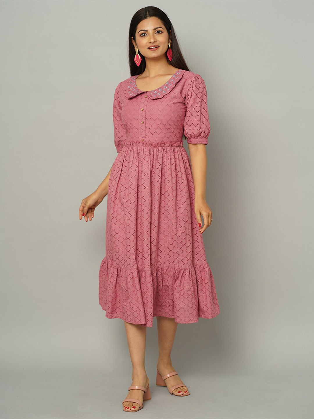 

NAYRA Above The Keyboard Collar Midi Cotton Schiffli Dress, Pink