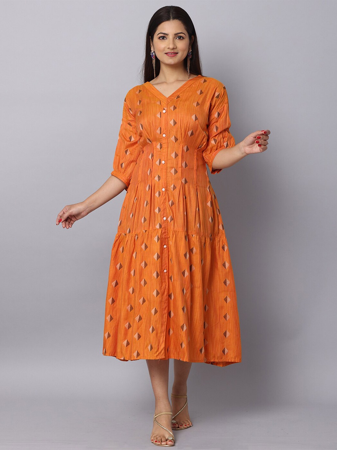 

NAYRA Geometric Printed A-Line Midi Dress, Orange