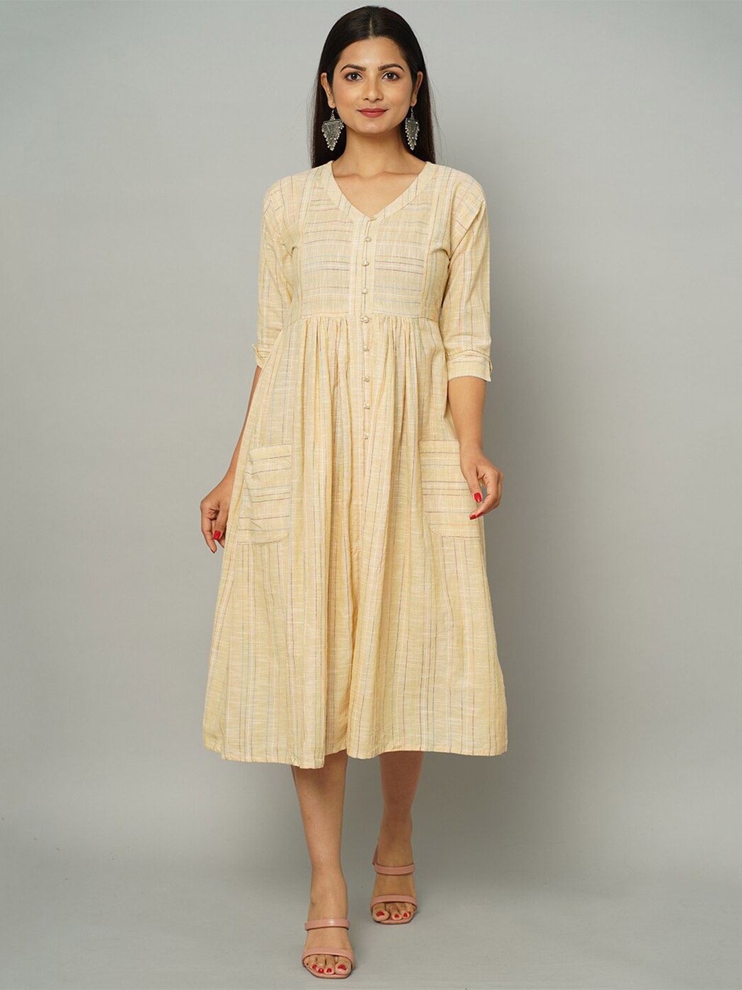 

NAYRA Striped Cotton Shirt Midi Dress, Cream
