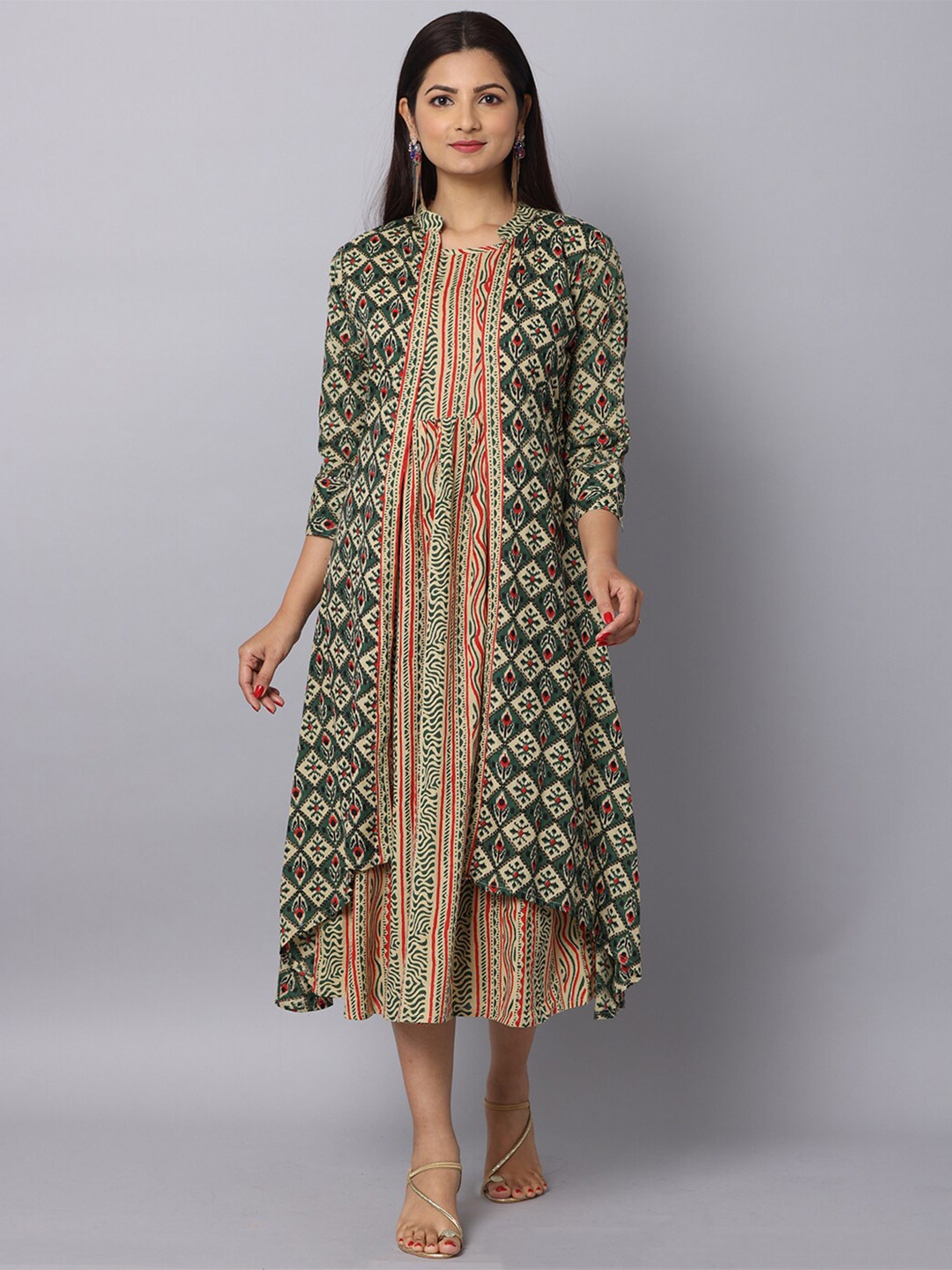 

NAYRA Printed A-Line Midi Dress With Long Jacket, Green