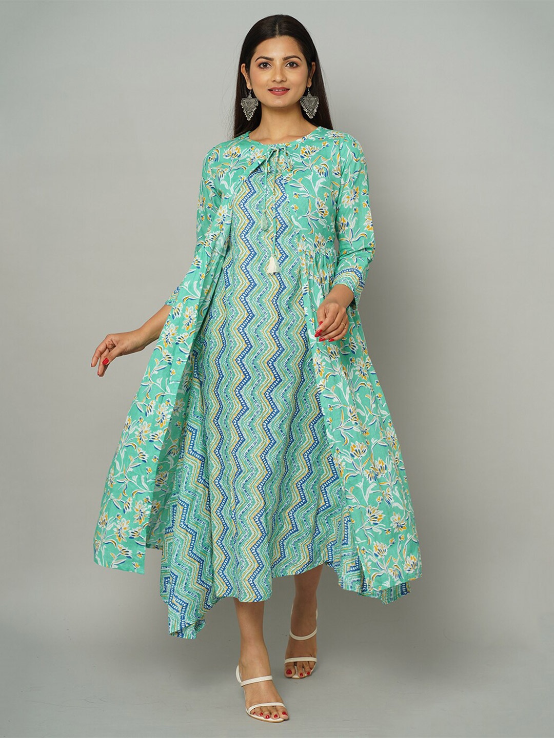 

NAYRA Floral Tie-Up Neck Layered A-Line Midi Cotton Dress, Turquoise blue