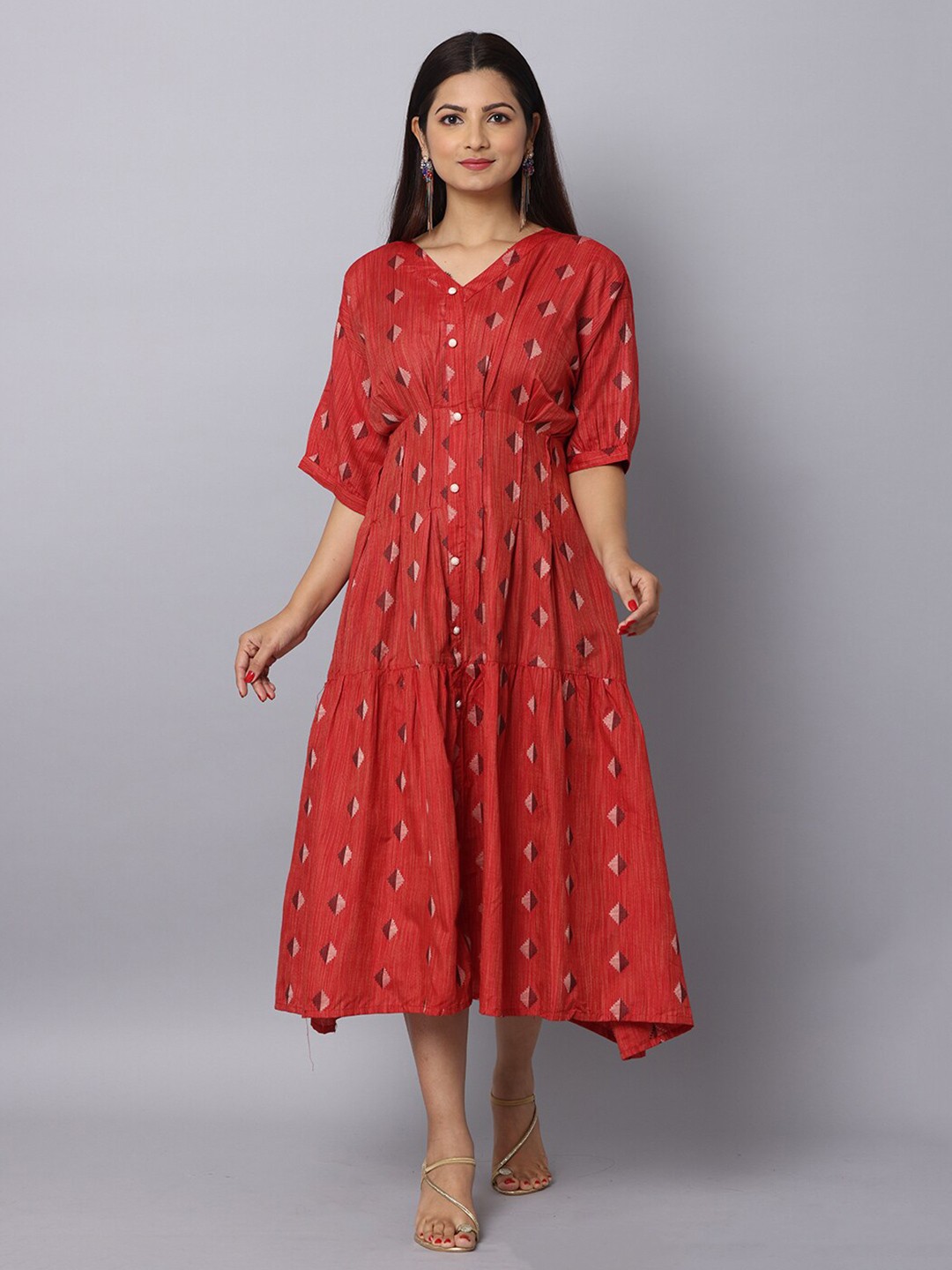 

NAYRA Abstract Printed Gathered Silk Midi Empire Ethnic Dress, Red