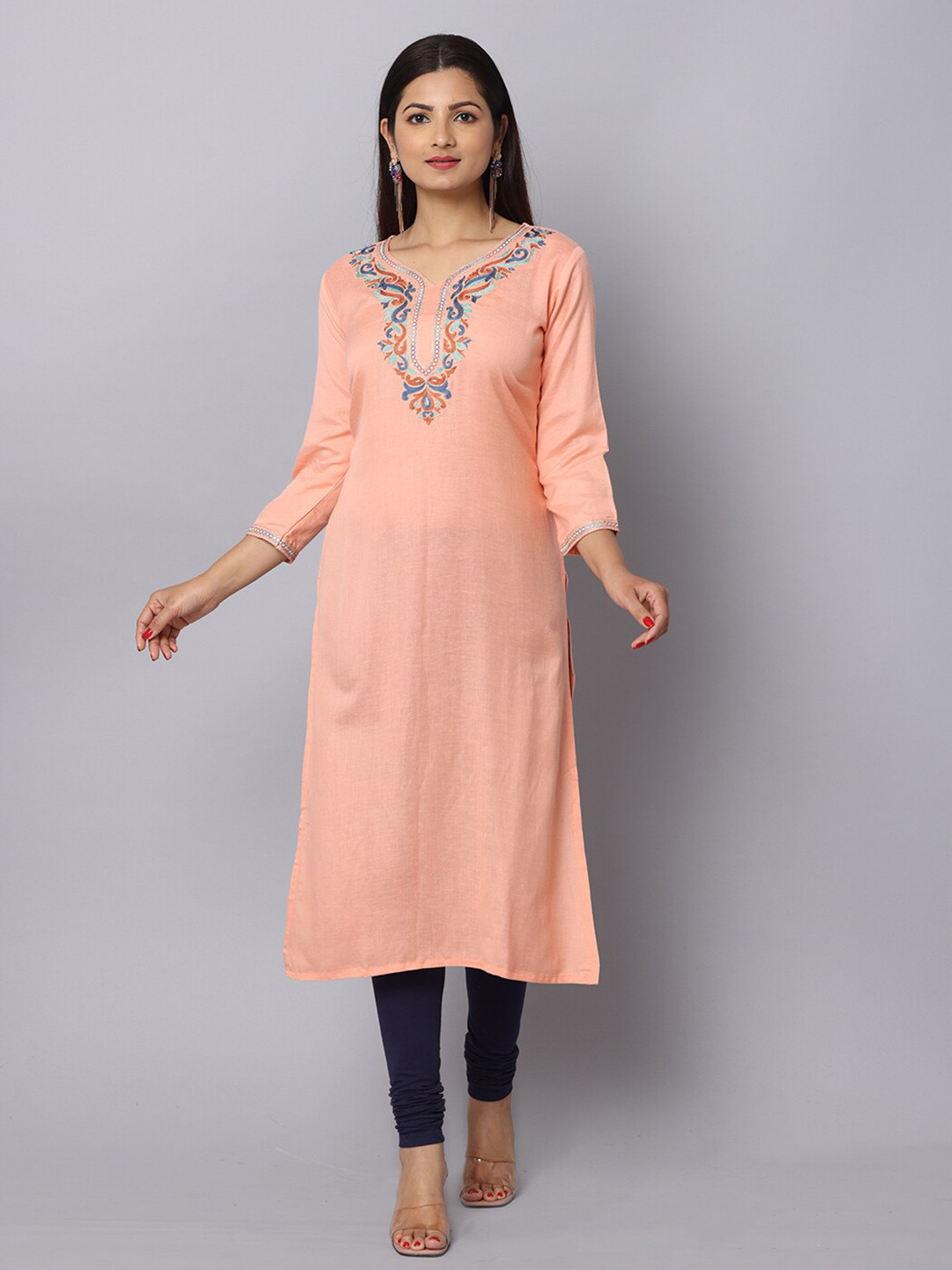 

NAYRA Women Floral Yoke Design Thread Work Linen Kurta, Peach
