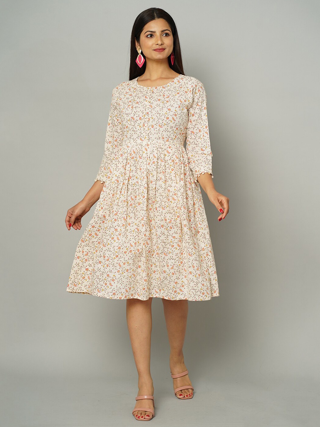 

NAYRA Floral Printed Cotton Fit & Flare Dress, Off white