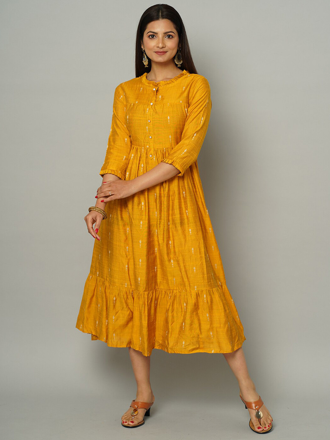 

NAYRA Ethnic Embroidered Fit & Flare Silk Midi Dress, Mustard