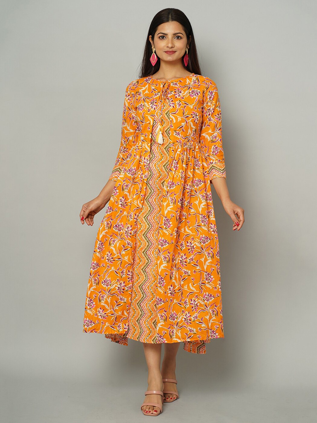

NAYRA Chevron Printed Sleeveless A-Line Midi Cotton Dress With Jacket, Orange