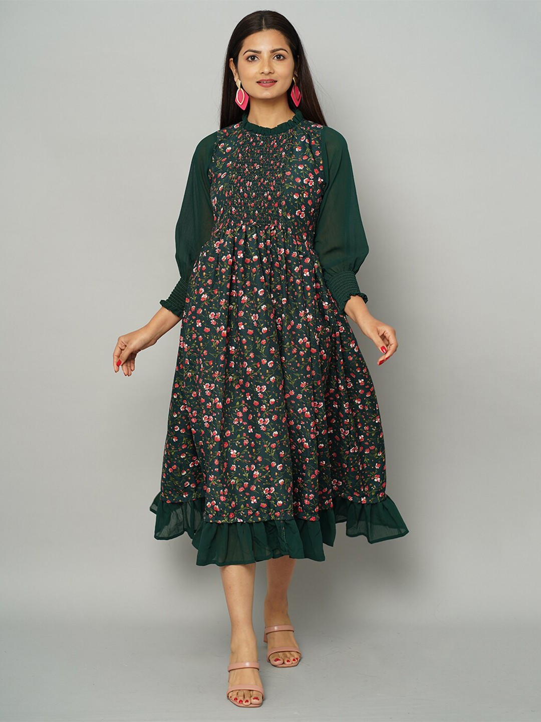 

NAYRA Green Floral Printed Georgette Midi Dress