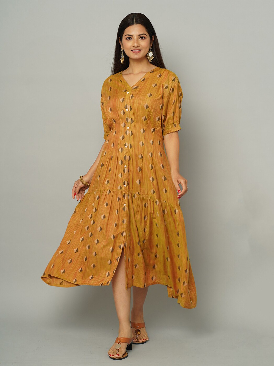 

NAYRA Geo A-Line Silk Midi Dress, Mustard
