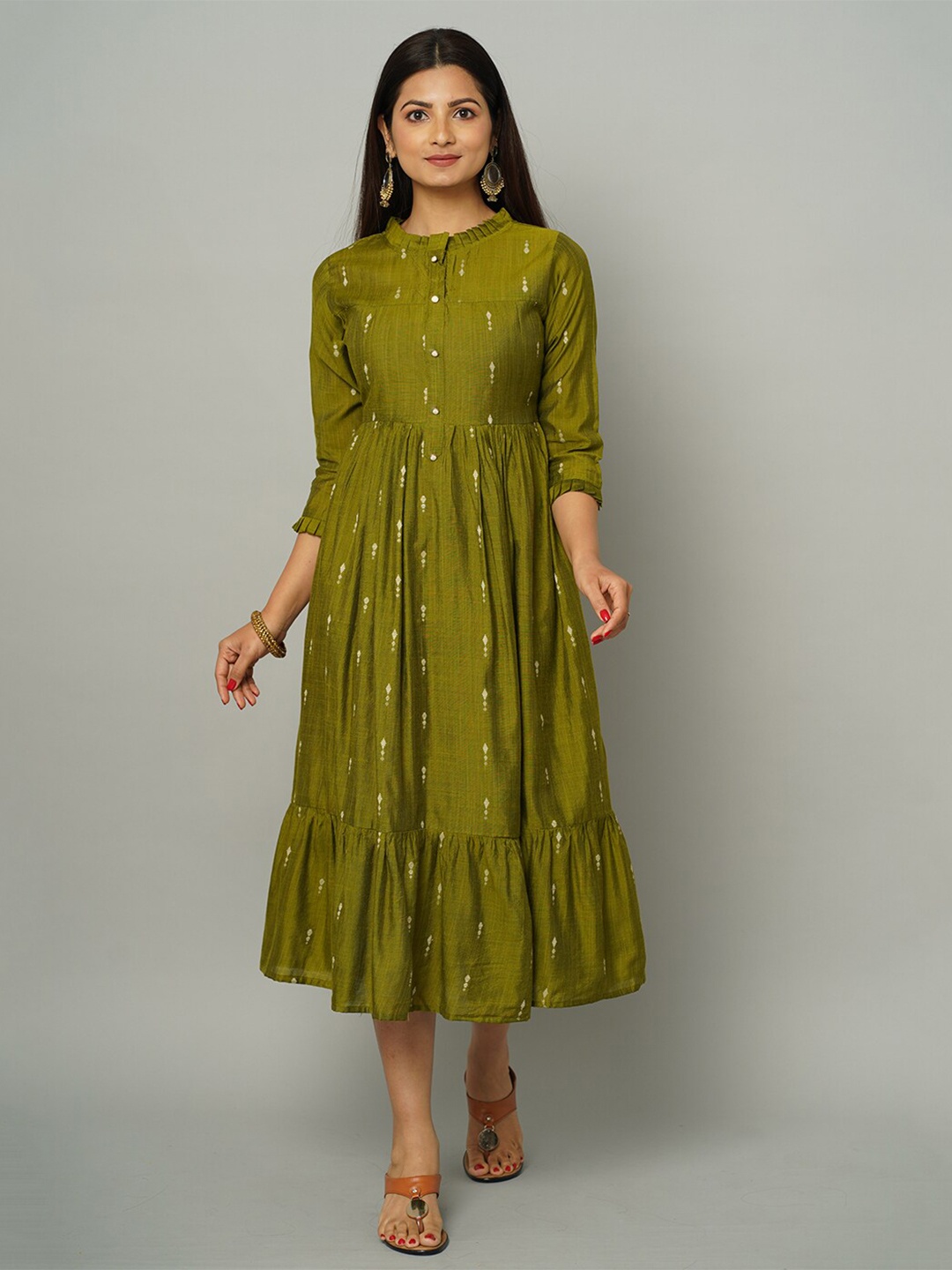 

NAYRA Ethnic Motifs A-Line Midi Dress, Green