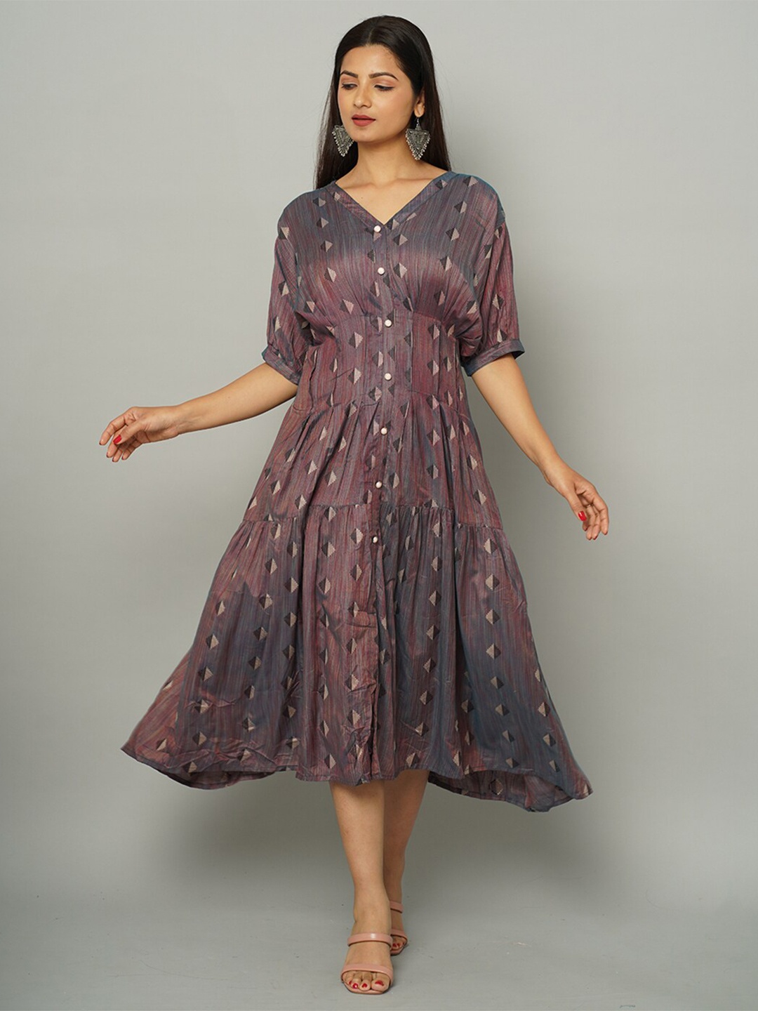 

NAYRA Printed V Neck Fit And Flare Midi Ethnic Dress, Grey
