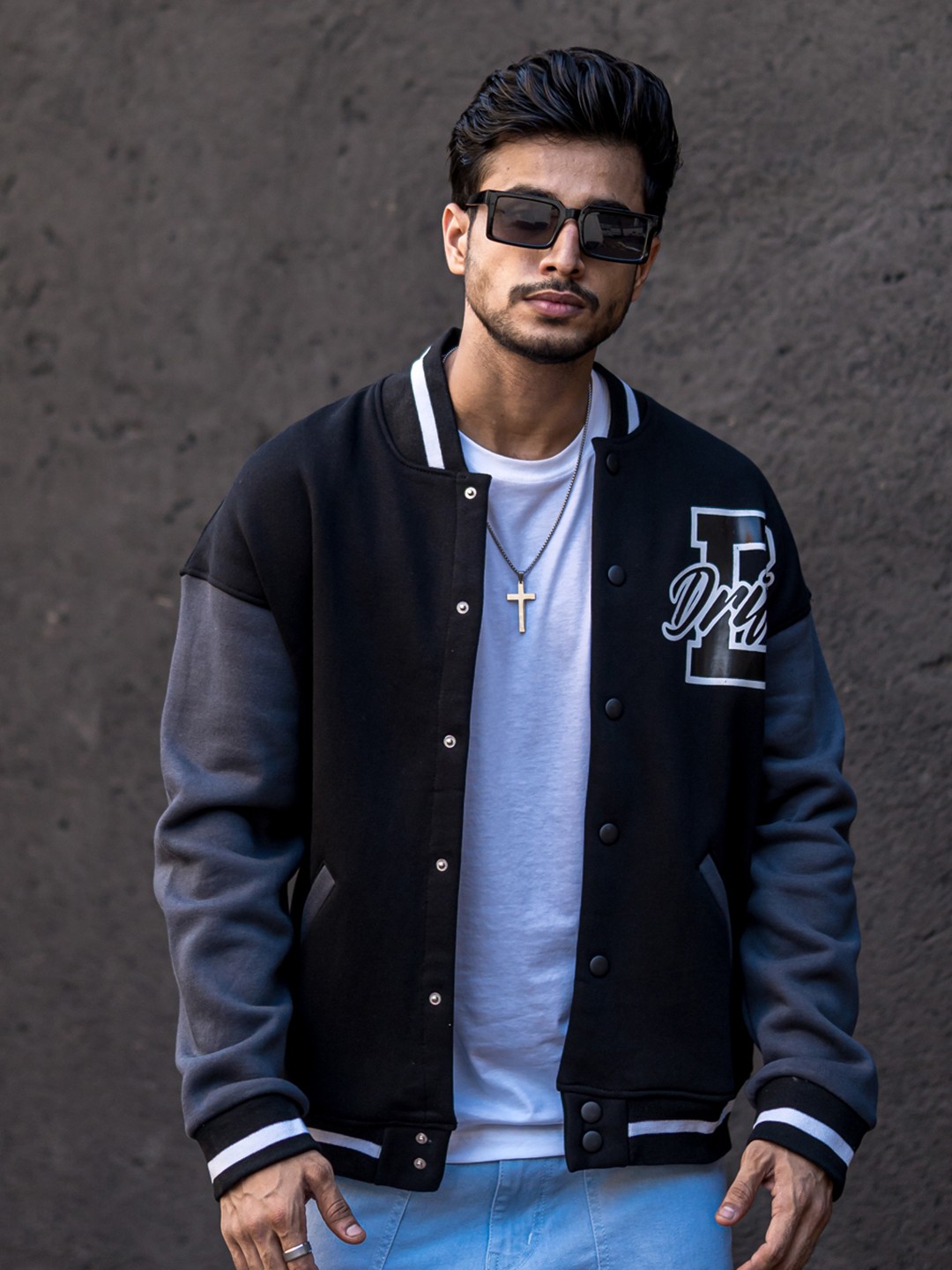 

Powerlook Men Organic Cotton Drop Shoulder Sleeves Varsity Jacket, Black