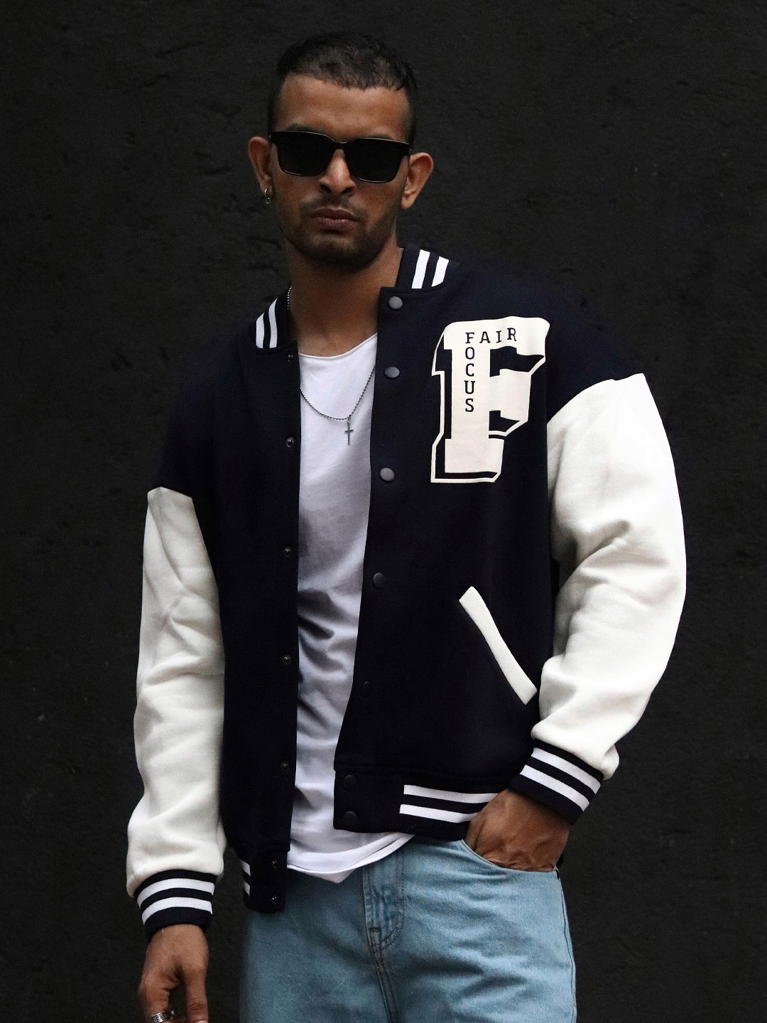 

Powerlook Men Typography Printed Organic Cotton Varsity Jacket, Navy blue