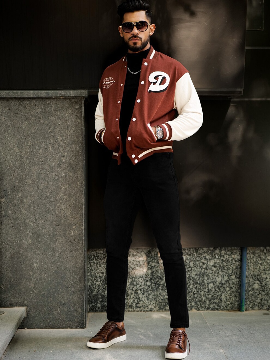 

Powerlook Men Printed Pure Cotton Varsity Jacket, Brown